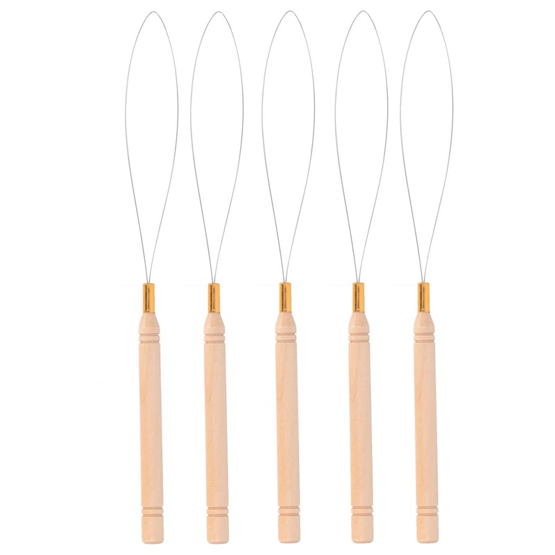5pcs Hair Extension Loop Needle Kit Non-Slip Beech Handle Pulling