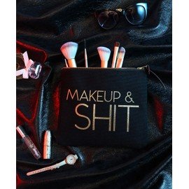 Tewechinb Funny Makeup Bag Cosmetic Bag Canvas Cosmetic Pouch, Bride Bridesmaid Gift Christmas Gift Birthday Gift (9.5 x 8 inch, Black & Gold)