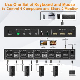 4 Port KVM Switch Dual Monitor Displayport 4K 60Hz, KVM Switch 2 Monitors 4 Computers with 3 USB 2.0 Ports and with Audio Microphone Output, DP Monitor Switch for 4 PCs 2 Monitors