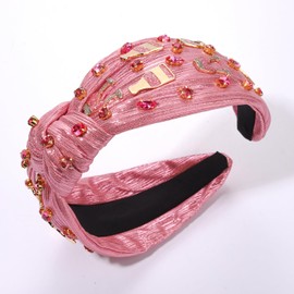 HSWE Crystal Knotted Headband for Women Pink Champagne Glass Rhinestone Jeweled Embellished Wide Top Knot Hairband Funny Gifts for Girls Sister Bff Birthday Bride Holiday Party