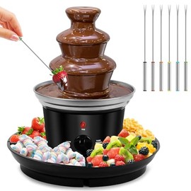 Fuente de fondue de chocolate de 16 onzas, mini fuente de chocolate de 3 niveles con 6 tenedores de fondue y bandeja de extracción para frutas/frutos 