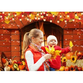 CHAIYA 8X6FT Thanksgiving Photography Backdrop Thanksgiving Fireplace Background Sunflower Maple Leaves Pumpkins Fall Photo Backdrop Thanksgiving Party Decorations