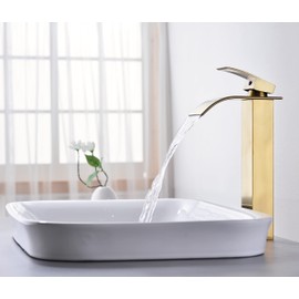Tall Bathroom Vessel Faucet Champagne Bronze, Waterfall Tall Gold Bathroom Faucet Single Handle 1 Hole Lavatory Sink Bowl Mixer Tap with Rectangular Spout Lavatory Faucet (Brushed Gold)