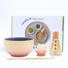 Ceremonial Matcha Tea Set - 4-Piece Japanese Matcha Kit with Elegant Gradient Pink & Yellow Matcha Bowl, Bamboo Whisk (Chasen), Whisk Holder & Scoop - Perfect Matcha Making Set & Gift