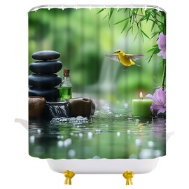 JEJOMEAG Zen Garden Shower Curtain Stone Spa Asian Japanese Meditation Relaxing Green Fabric Bathroom Curtain with Hooks, 70Wx70H