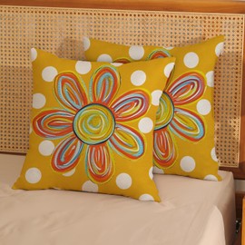 Mustard Yellow Pillow Covers 20x20 Inch 2 Pcs Colorful Floral Summer Outdoor Decor Throw Pillows Polka Dots Flower Farmhouse Holiday Decoration Pillowcase Linen Cushion Cover for Couch Sofa