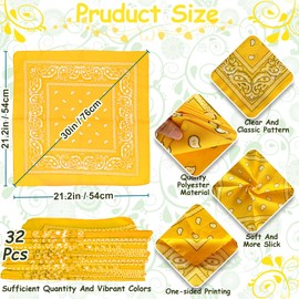 ILHSTY 32 Pcs Women Men Paisley Bandanas Bulk Unisex Cowboy Bandanas Head Scarf Necktie Face Cover Party Supplies (32, Orangey Yellow)