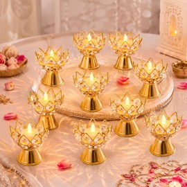 Yungyan 10 Pcs Diwali Crystal Lotus Tea Light Candle Holders Gold Tealight Votive Metal Stands for Pooja Return Gifts, Home Table Centerpiece, Wedding Party Festival Decor, No Candles