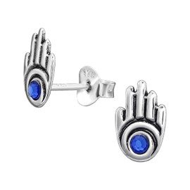Evil Eye Hamsa Earrings with Saphire Blue Crystal Stones - 925 Sterling Silver