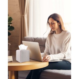 Light Purple Tissue Box Cover Square – with Bottom Belt [JESMINI] Modern PU Leather Tissue Box Holder Decorative for Bathroom Vanity Countertop/Night Stands/Office Desk, 5x5x5