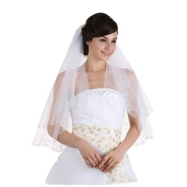 SAMKY 2T 2 Tier Crystal Beaded Scalloped Bridal Veil - Light Ivory Fingertip 36" V348 SK