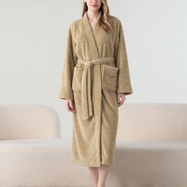 Women Soft Shawl Collar Fleece Bathrobe Winter Warm Fluffy Shaggy Robe Long Sleeve Nightgown Housecoat with Belt