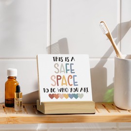 QASHWEY Safe Space Sign Desk Decor, Boho Classroom Wood Table Signs, Therapy Office Decor, This is a Safe Space to be Who You are Wooden Plaque with Wooden Stand for Counselor Office Classroom