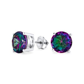 3CT Round Black Mystic Rainbow Cubic Zirconia Solitaire CZ Stud Earrings For Women .925 Sterling Silver Screw Back 9MM