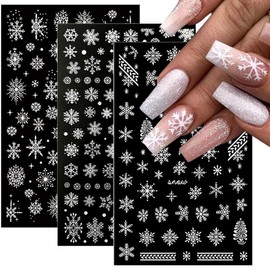 Snowflake Nail Art Stickers 10 Sheets Christmas Nail Decals 3D Winter Nail Supplies Self-Adhesive White Glitter Design Snowflake Nail Sticker Xmas Reindeer Nail Sticker for Women Girl New Year Nail