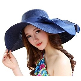 VASANA 1PCS Lady Girl Wowen Big Bowknot Foldable Wide Big Brim Sun Block UV Protect Hat Outdoor Floppy Summer Beach Straw Cap Blue