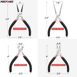 MAXPOWER Mini Jewelry Pliers Set - 8pc, Diagonal, End Cut, Bent, Combination, Flat, Needle, Round Nose (4.5-inch)