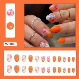 Flower Press on Nails - 24Pcs Oval Cute Design Glue on False Nails, Glossy Orange, Spring Summer Nail Art Decorations, Short Almond Acrylic Nails for Women Girls