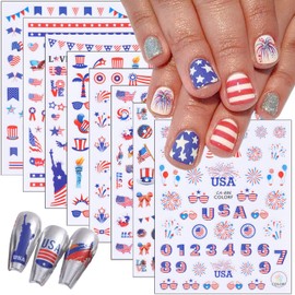 8Pcs 4th of July Nail Stickers USA Statue of Liberty Flag Star Fireworks Bow Nail Design Decals Patriotic Star Nail Art Stickers 3D Independence Day Nail Decals for Memorial Day DIY Nail Decoration