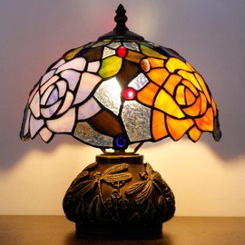 Small Tiffany Table Lamp Yellow Purple Rose Style Stained Glass Desk Lamp 10X11.5 Inch Mushroom Table Light for Office Home Living Room Bedroom