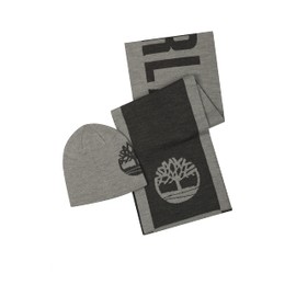Timberland Men's Reversible Hat Logo Jacquard Scarf Set, Light Heather Grey, One Size