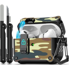 RFUNGUANGO for AirPods Pro 2nd/1st Generation Case Cover with Secure Lock Clip,Automatic Pop-up Case Full-Body Shockproof Hard Protective Cover for AirPods Pro 2 Case(2023/2022/2019)-Desert Camouflage