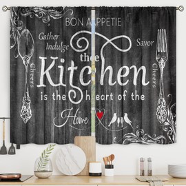 Riyidecor Farmhouse Black White Kitchen Curtains Short Small Rustic Country Fork and Spoon Wood Board Retro Vintage Rod Pocket Funny Quotes Bedroom Living Room Treatment Fabric 2 Panels 27.5Wx39H Inch