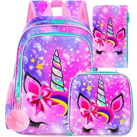 UFNDC 3PCS Girls Unicorn Backpack, 16" Kids Bookbag with Lunch Box, Water Resistant School Bag for Elementary Preschool Toddler