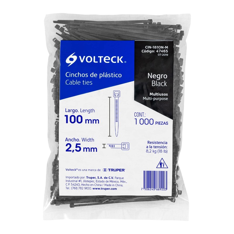 Volteck CIN-1810N-M, Bolsa con 1000 cinchos plásticos 18 lb 100