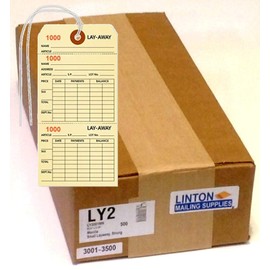 Layaway Tag, Manila Cardstock (3.125" x 6.25") w Two Tear-Off Sections, Black Ink w Sequential Red Numbers, Reinforced Hole w String Attached - Box of 500 Tags