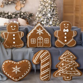 Wesiti 6 Pcs Christmas Throw Pillows Plush 15.75 '' Gingerbread Men Gingerbread House Heart Candy Tree Shaped Pillows for Christmas Winter Holiday Party Outdoor Sofa Bedroom Living Room Decoration