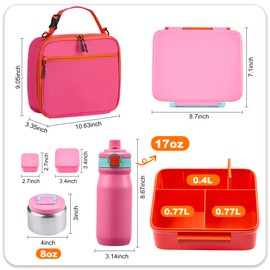 Bento Lunch Box for Kids with Thermos, Leakproof Bento Box with 8oz Insulated Food Jar, Insulated Bottle, Lunch Bag, BPA Free Dishwasher Safe 4 Compartment Container for School Girls Boys (Pink)