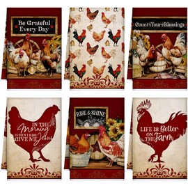 Bencailor 6 Pcs Farm Animal Kitchen Towels Rooster Kitchen Towels Farmhouse Dish Towels Chicken Kitchen Towels Vintage Hand Towels for Christmas Home Living Room Decor(Deep Red,Cock Hen)