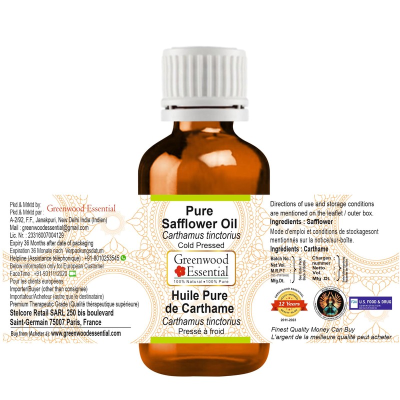 Greenwood Essential Pure Safflower Oil (Carthamus tinctorius) Cold Pressed (Pack