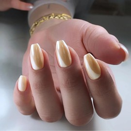 Champagne Chrome Press on Nails Medium Square,SXVME Metallic Fake Nails Acrylic Nails Press ons,Mirror Metal Chrome Nails Glue on Nails Medium,Trapezoid Short Coffin Nails False Nails in 24 PCS