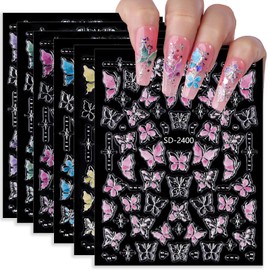 5D Butterfly Nail Stickers 6 Sheets Embossed Butterfly Nail Decals Pink Purple Self Adhesive Nail Art Stickers for Gel/Acrylic Nails, DIY Gift, Women Manicure Decorations