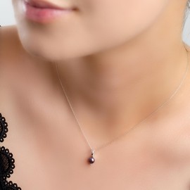 HENRYKA Elegant Freshwater Black Pearl Necklace in 925 Sterling Silver | Bridal Bridesmaid Jewellery | Simple Classic Pendant