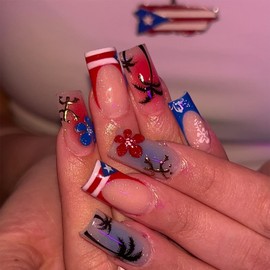 Y2K Press on Nails 4th of July Medium Square Fake Nails with Stars Flower French Tip Designs Independence Day Beach Glue on Nail Reusable Artificial Acrylic Full Cover Stick on Nail for Women 24 Pcs