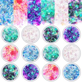 Mermaid Nail Sequins Holographic Glitters Chunky Iridescent Flakes Colorful Fluorescent Glass Paper Iridescent Flakes Sticker for Face Eyes Body Hair Nail Art Decoration (18 Boxes)