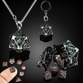 HAOMEJA Mini DND Dice Metal 7pcs Set Tiny Small Polyhedral D&D Dice Set with Hollow D20 Necklace & Keychain Portable & Dragon Eye Bag Apply to Dungeons and Dragons Dice (Green & Mini Red Copper)…