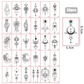 30 Blätter Schwarz Mandala-Temporäre Tattoos | 3D-Wasserdichte Klebetattoos | Für Frauen, Männer & Kinder | Dreamcatcher-Designs, Arm-/Körperkunst