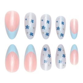 RikView Medium Press on Nails French Fake Nails Blue Nails Almond Acrylic Nails with Flowers Design Glossy Full Cover Nails for Women 24 PCS