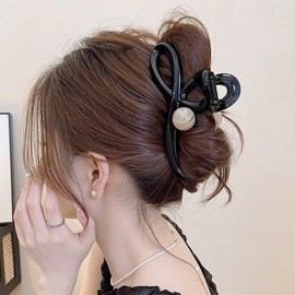 Rannyrena Elegant Large Crystal Pearl Butterfly Claw Clip for Women Thin Thick Curly Hair Cute Leopard Print Bow Strong Hold Hair Accessories (Pearl Crystal and Heart (Pack of 5))