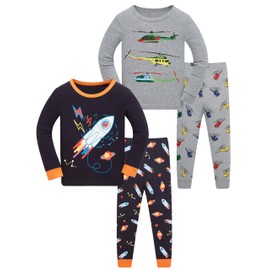 Boys Pyjamas Long Sleeve 4-Piece Set Sleepwear 100% Cotton Childern Clothes Plane Rocket Printed Nightwear 4 Years