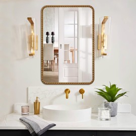 Beaded Frame Wall Mirror for Bathroom, 24"x36" Rounded Corner Antique Gold Rectangle Mirror, Decorative Mirror for Living Room(Horizontal or Vertical)