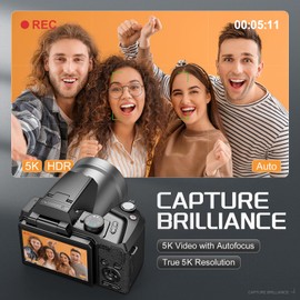 64MP Digital Camera for Photography Autofocus, 5K vlogging Camera for YouTube,16X Anti-Shake Compact Travel Camera with WiFi & App Control, Flash,SD Card, 2 Batteries S205