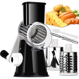 Rotary Cheese Grater Vegetable Shredder with Handle Round Kitchen Mandoline Slicer Grater for Nuts, Vegetable, Chocolate, Chesse - Black - 3 Replaceabe Stainless Steel Blades