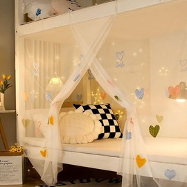 Eimilaly 8 Corner Bed Canopy Curtains for Girls with Colourful Hearts Embroidery, Extra Encrypted Bed Canopy for Dormitory, Bunk Bed, 1M Bed or Outdoor Camping