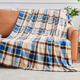 Gogreen Cozy Flannel Blanket Printed -Twin Size Bed Blanket for Home Decoration - Ultra Soft, Lightweight, Microfiber Throws (Twin - 60" x 80", Blue Brown Plaid)