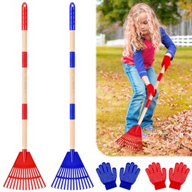 2 Pcs 35'' Kids Rakes for Leaves - Plastic Rake Head with 2 Pairs Kids Gloves, Small Kids Lawn Rakes Detachable Wooden Handle, Autumn Garden Tool Set for Kids Boys and Girls, Red & Blue